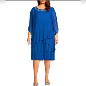 Marina Blue Embellished Boat Neck 3/4 SleeveTiered Mesh Dress Size 24 NWOT